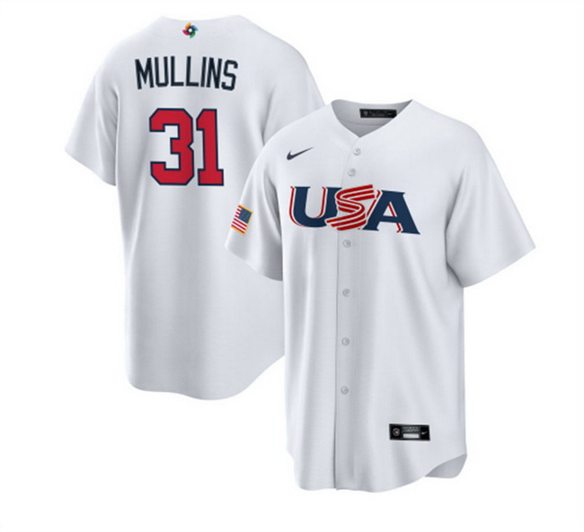 Men USA Baseball 31 Cedric Mullins 2023 White World Baseball Classic Replica Stitched Jersey