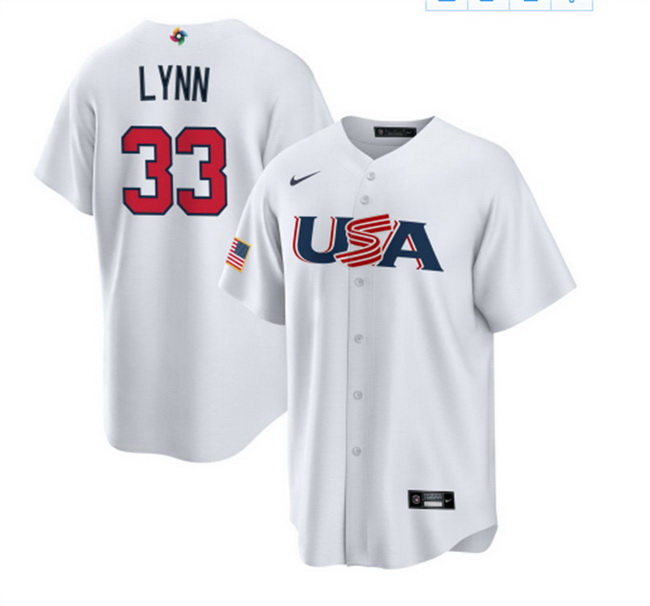 Men USA Baseball 33 Lance Lynn 2023 White World Baseball Classic Replica Stitched Jersey