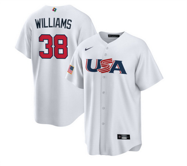 Men USA Baseball 38 Devin Williams 2023 White World Baseball Classic Replica Stitched Jersey