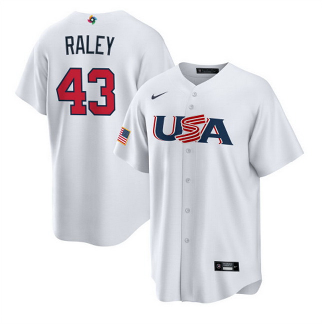 Men USA Baseball 43 Brooks Raley 2023 White World Baseball Classic Replica Stitched Jersey