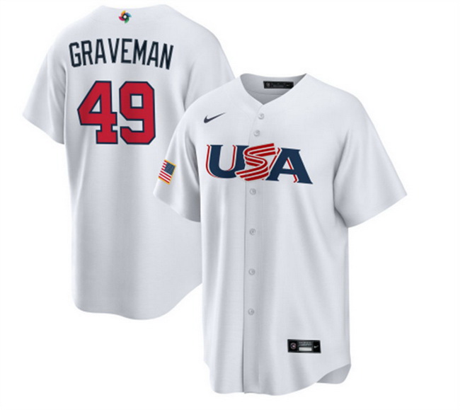 Men USA Baseball 49 Kendall Graveman 2023 White World Baseball Classic Replica Stitched Jersey