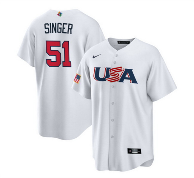 Men USA Baseball 51 Brady Singer 2023 White World Baseball Classic Replica Stitched Jersey