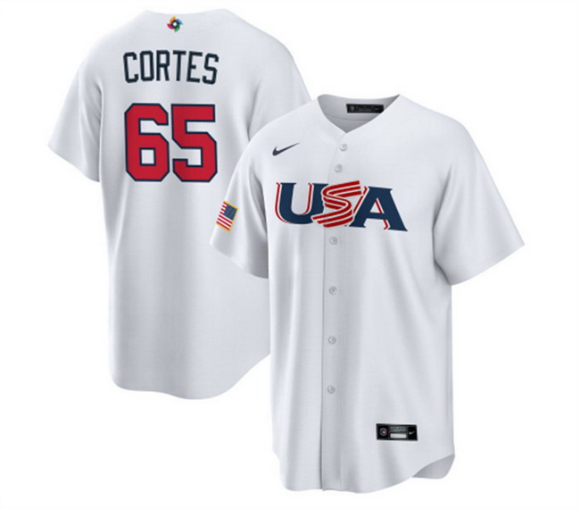 Men USA Baseball 65 Nestor Cort E9s Jr  2023 White World Baseball Classic Replica Stitched Jersey