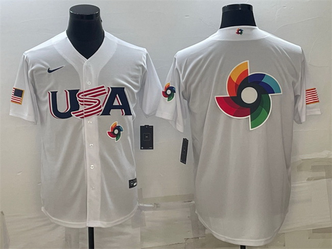 Men USA Baseball 2023 White World Baseball Big Logo With Patch Classic Replica Stitched Jersey