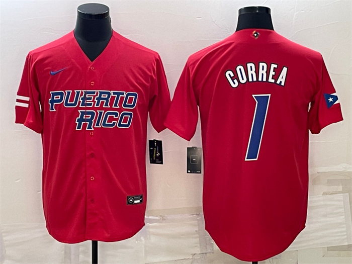 Men Puerto Rico Baseball 1 Carlos Correa 2023 Red World Baseball Classic Replica Stitched Jersey