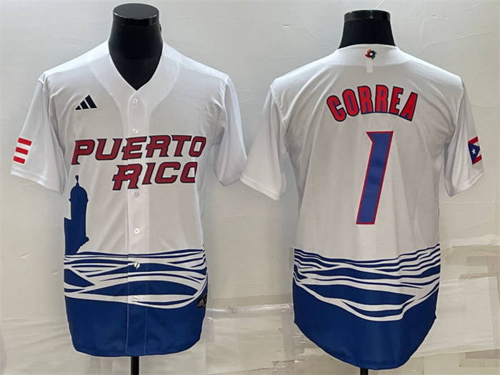 Men Puerto Rico Baseball 1 Carlos Correa 2023 White World Baseball Classic Replica Stitched Jersey