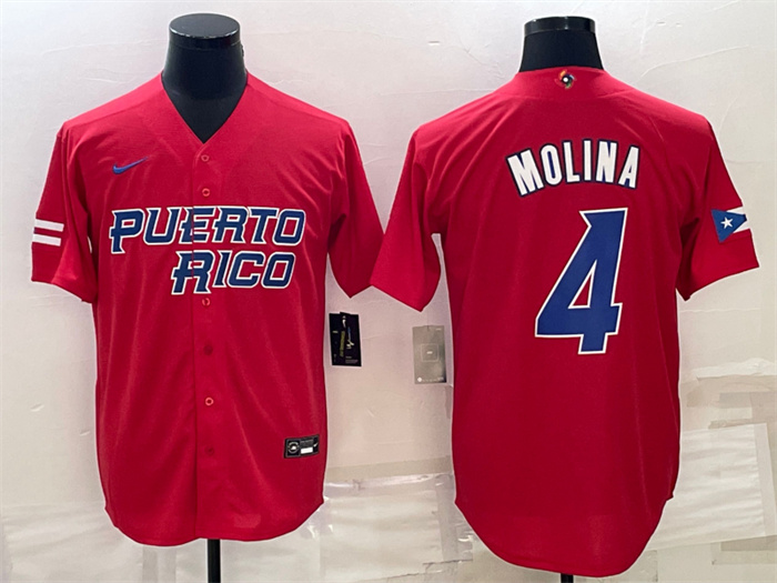 Men Puerto Rico Baseball 4 Yadier Molina 2023 Red World Baseball Classic Replica Stitched Jersey