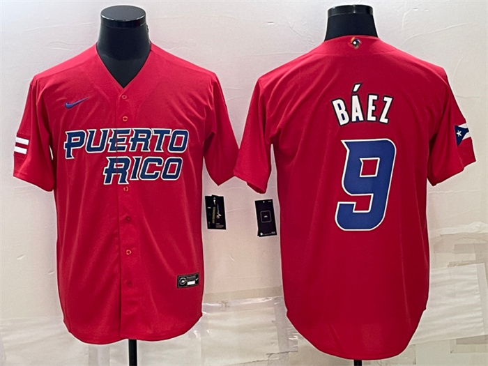 Men Puerto Rico Baseball 9 Javier B E1ez 2023 Red World Baseball Classic Replica Stitched Jersey