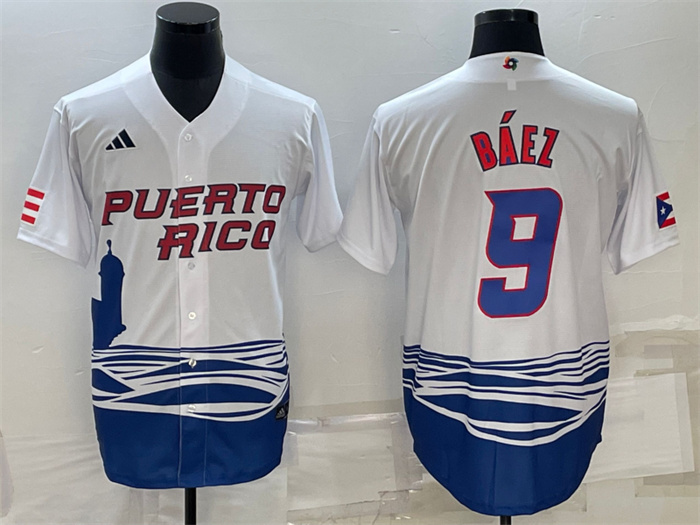 Men Puerto Rico Baseball 9 Javier B E1ez 2023 White World Baseball Classic Replica Stitched Jersey