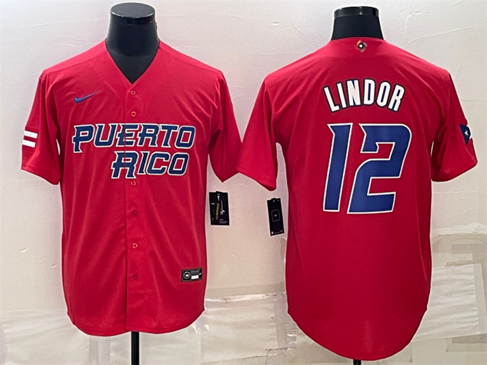 Men Puerto Rico Baseball 12 Francisco Lindor 2023 Red World Baseball Classic Replica Stitched Jersey