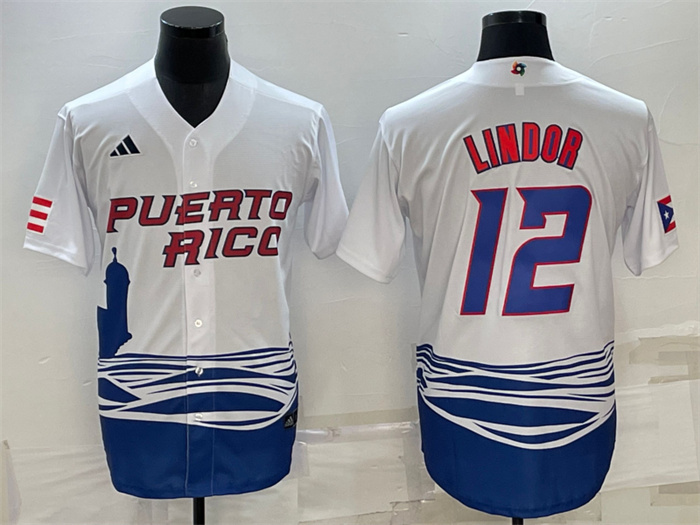 Men Puerto Rico Baseball 12 Francisco Lindor 2023 White World Baseball Classic Replica Stitched Jers