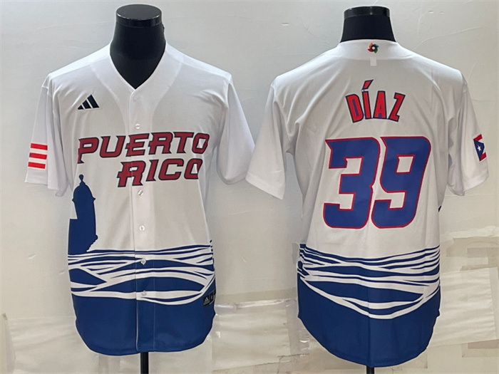 Men Puerto Rico Baseball 39 Edwin D EDaz 2023 White World Baseball Classic Replica Stitched Jersey