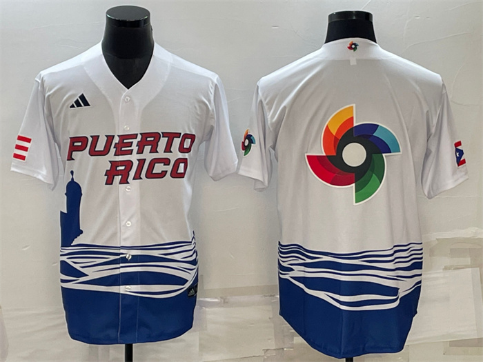 Men Puerto Rico Baseball 2023 White World Baseball Big Logo With Patch Classic Replica Stitched Jers