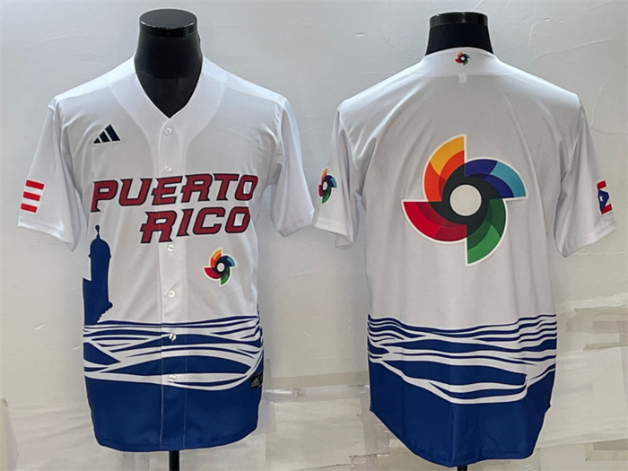 Men Puerto Rico Baseball 2023 White World Baseball Big Logo With Patch Classic Replica Stitched Jers