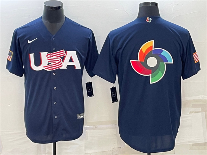 Men USA Baseball 2023 Navy World Baseball Big Logo Classic Replica Stitched Jersey