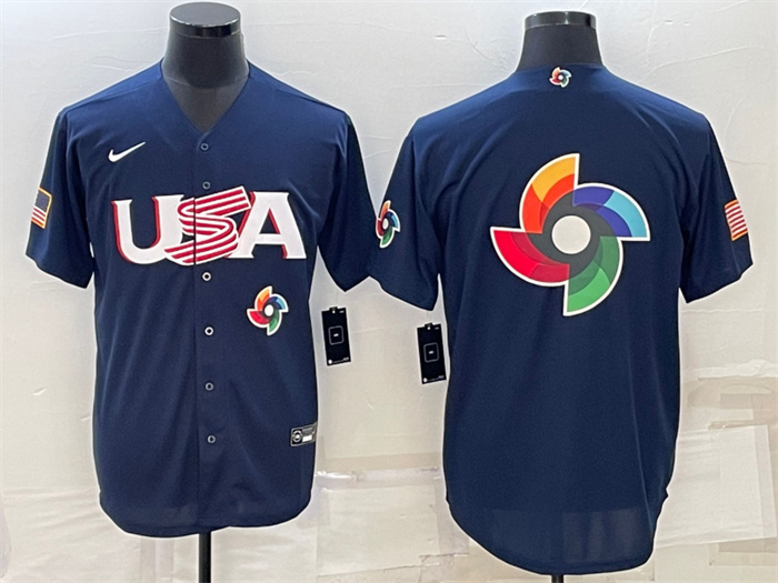 Men USA Baseball 2023 Navy World Baseball Big Logo With Patch Classic Replica Stitched Jersey