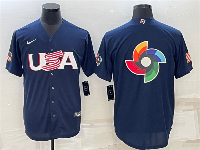 Men USA Baseball Blank 2023 Navy World Baseball Big Logo With Patch Classic Replica Stitched Jersey