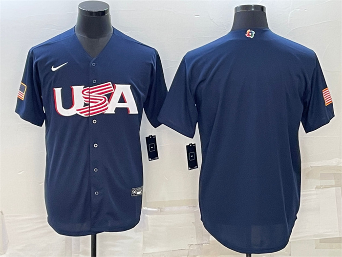 Men USA Baseball Blank 2023 Navy World Baseball Classic Replica Stitched Jersey