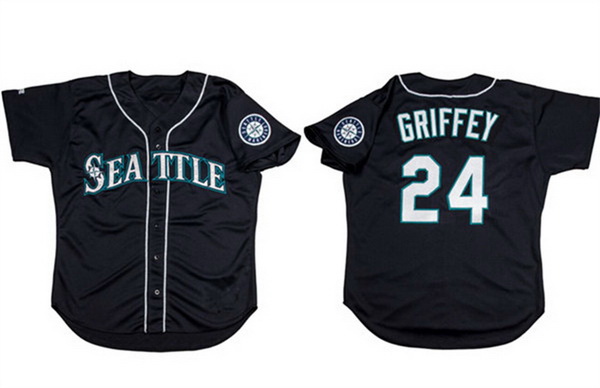 Men Seattle Mariners 24 Ken Griffey Jr  Black Cool Base Stitched Jersey