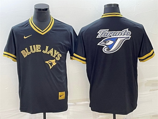 Men Toronto Blue Jays Black Gold Team Big Logo Cool Base Stitched Baseball Jersey