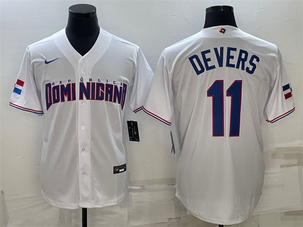 Men Dominican Republic Baseball 11 Rafael Devers 2023 White World Baseball Classic Replica Stitched 