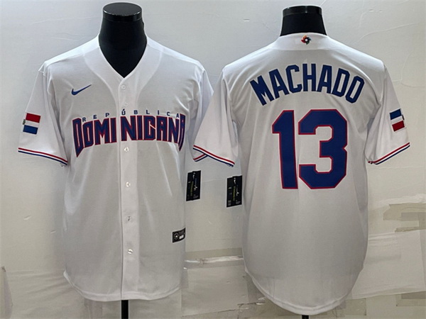 Men Dominican Republic Baseball 13 Manny Machado 2023 White World Baseball Classic Replica Stitched 