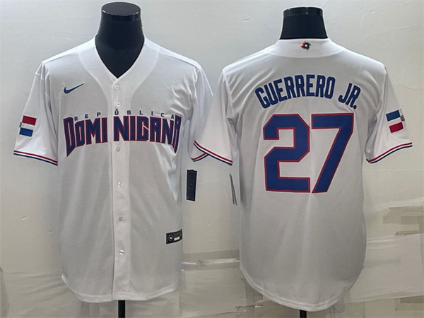 Men Dominican Republic Baseball 27 Vladimir Guerrero Jr  2023 White World Baseball Classic Stitched 