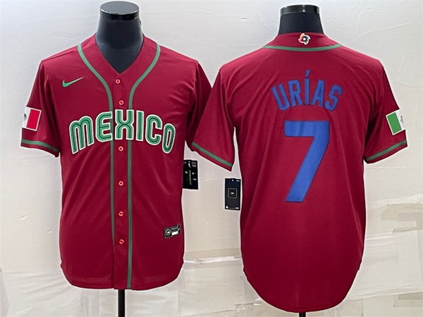 Men Mexico Baseball 7 Julio Ur EDas 2023 Red Blue World Baseball Classic Replica Stitched Jersey