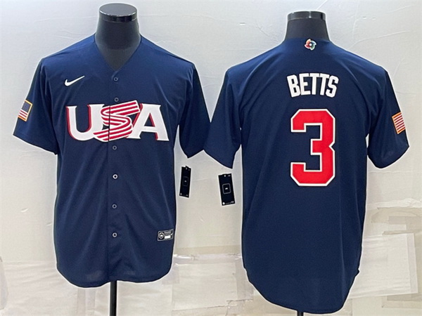 Men USA Baseball 3 Mookie Betts 2023 Navy World Baseball Classic Replica Stitched Jersey