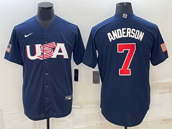 Men USA Baseball 7 Tim Anderson 2023 Navy World Baseball Classic Replica Stitched Jersey