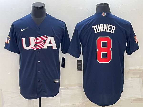 Men USA Baseball 8 Trea Turner 2023 Navy World Baseball Classic Replica Stitched Jersey