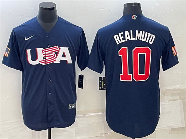 Men USA Baseball 10 J T  Realmuto 2023 Navy World Baseball Classic Replica Stitched Jersey