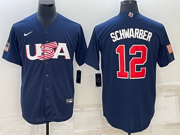 Men USA Baseball 12 Kyle Schwarber 2023 Navy World Baseball Classic Replica Stitched Jersey