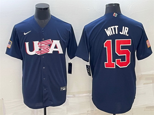 Men USA Baseball 15 Bobby Witt Jr  2023 Navy World Baseball Classic Replica Stitched Jersey