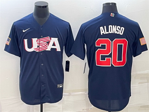 Men USA Baseball 20 Pete Alonso 2023 Navy World Baseball Classic Replica Stitched Jersey