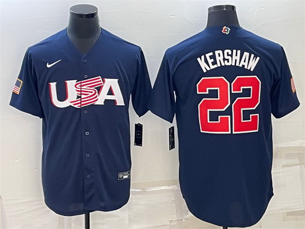 Men USA Baseball 22 Clayton Kershaw 2023 Navy World Baseball Classic Replica Stitched Jersey