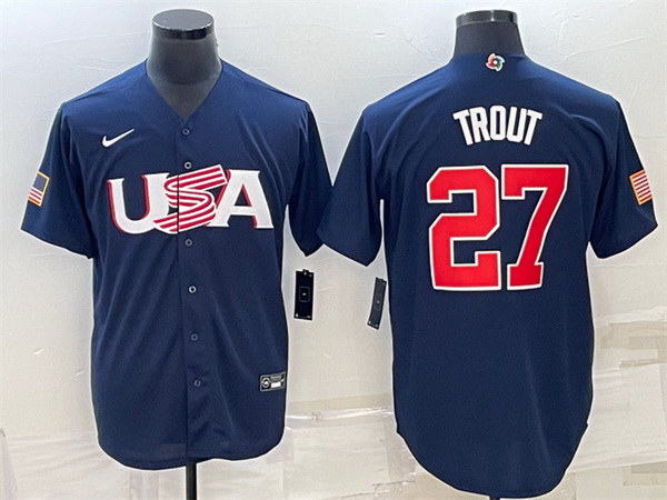 Men USA Baseball 27 Mike Trout 2023 Navy World Baseball Classic Replica Stitched Jersey