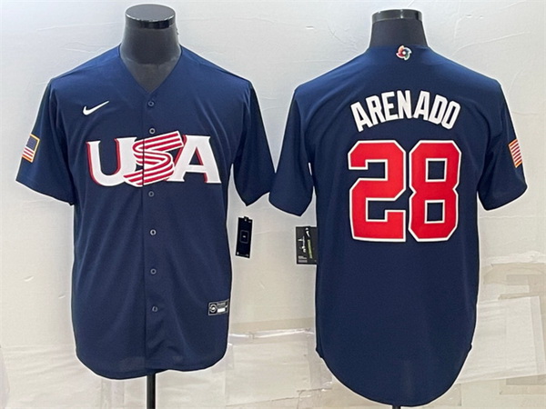 Men USA Baseball 28 Nolan Arenado 2023 Navy World Baseball Classic Replica Stitched Jersey