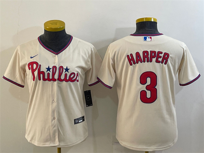 Women Philadelphia Phillies 3 Bryce Harper Cream Cool Base Stitched Baseball Jersey