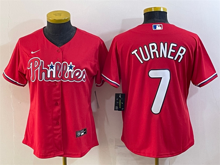 Women Philadelphia Phillies 7 Trea Turner Red Cool Base Stitched Baseball Jersey