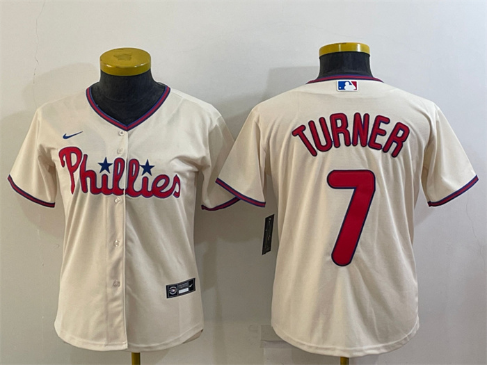 Women Philadelphia Phillies 7 Trea Turner Cream Cool Base Stitched Baseball Jersey