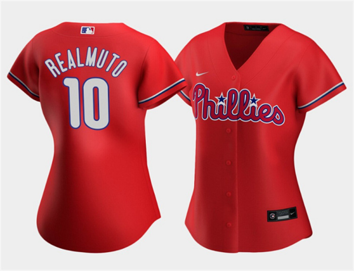 Women Philadelphia Phillies 10 J T  Realmuto Red Stitched Baseball Jersey