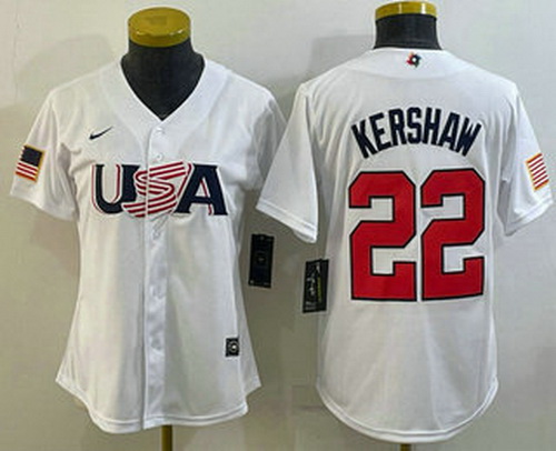 Women's USA Baseball #22 Clayton Kershaw 2023 White World Classic Stitched Jersey I