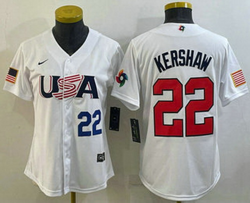 Women's USA Baseball #22 Clayton Kershaw Number 2023 White World Classic Stitched Jersey I