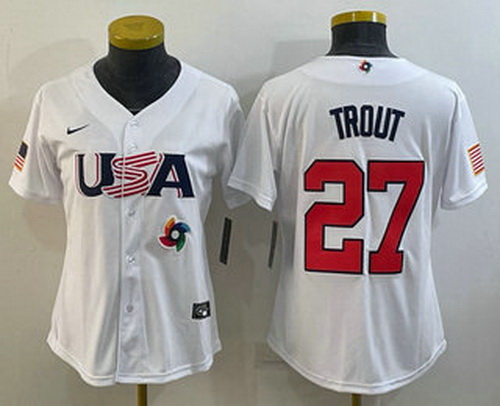 Women's USA Baseball #27 Mike Trout 2023 White World Classic Replica Stitched Jersey I