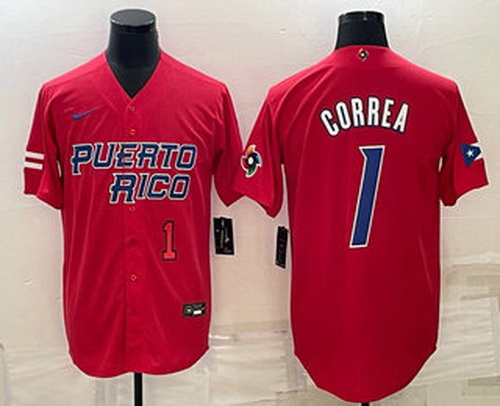 Men's Puerto Rico Baseball #1 Carlos Correa Number 2023 Red World Baseball Classic Stitched Jersey