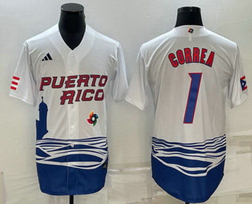 Men's Puerto Rico Baseball #1 Carlos Correa White 2023 World Baseball Classic Stitched Jersey