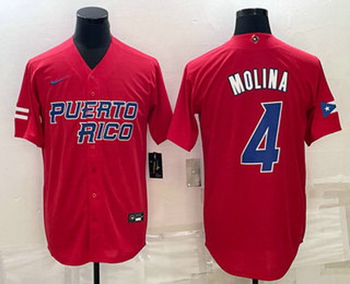 Men's Puerto Rico Baseball #4 Yadier Molina 2023 Red World Baseball Classic Stitched Jersey I