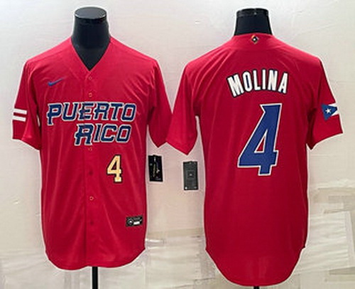 Men's Puerto Rico Baseball #4 Yadier Molina Number 2023 Red World Baseball Classic Stitched Jersey