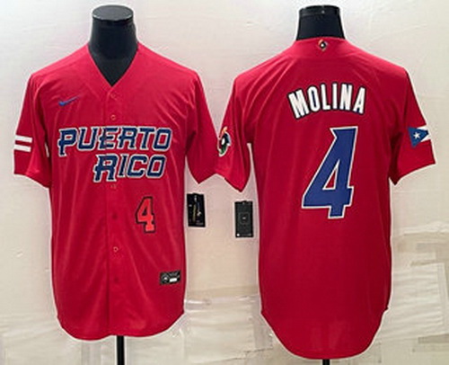 Men's Puerto Rico Baseball #4 Yadier Molina Number 2023 Red World Baseball Classic Stitched Jerseys